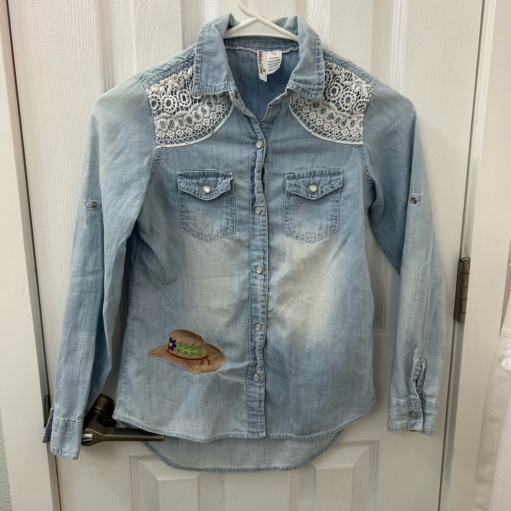 Girl’s Light Blue Denim Shirt with Lace and Embroidery